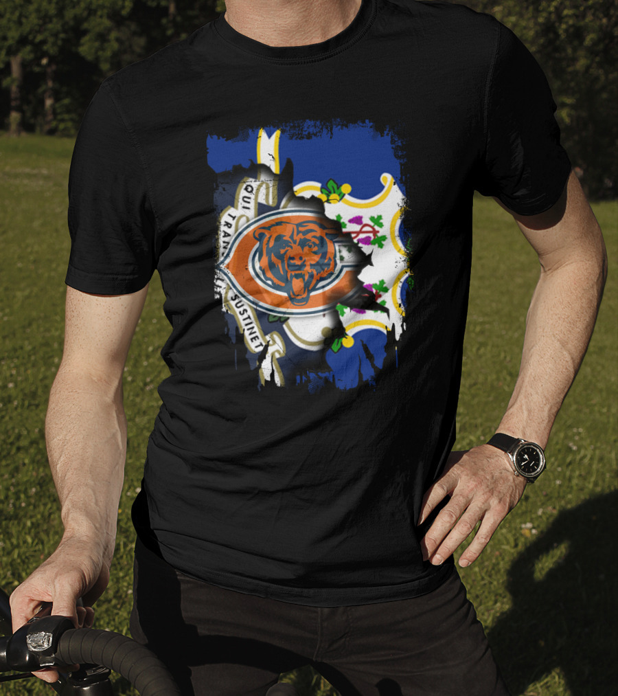 Connecticut State Flag Blended With Chicago Bears T-Shirt