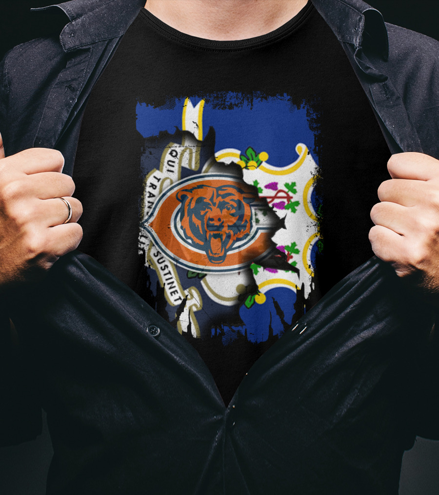 Connecticut State Flag Blended With Chicago Bears T-Shirt