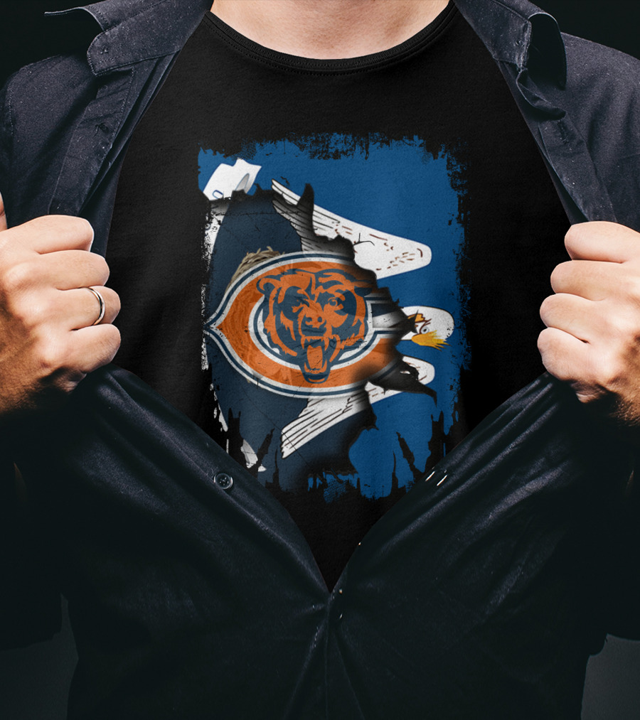Bears Logo With Eagle Overlay On Torn Blue Background T-Shirt