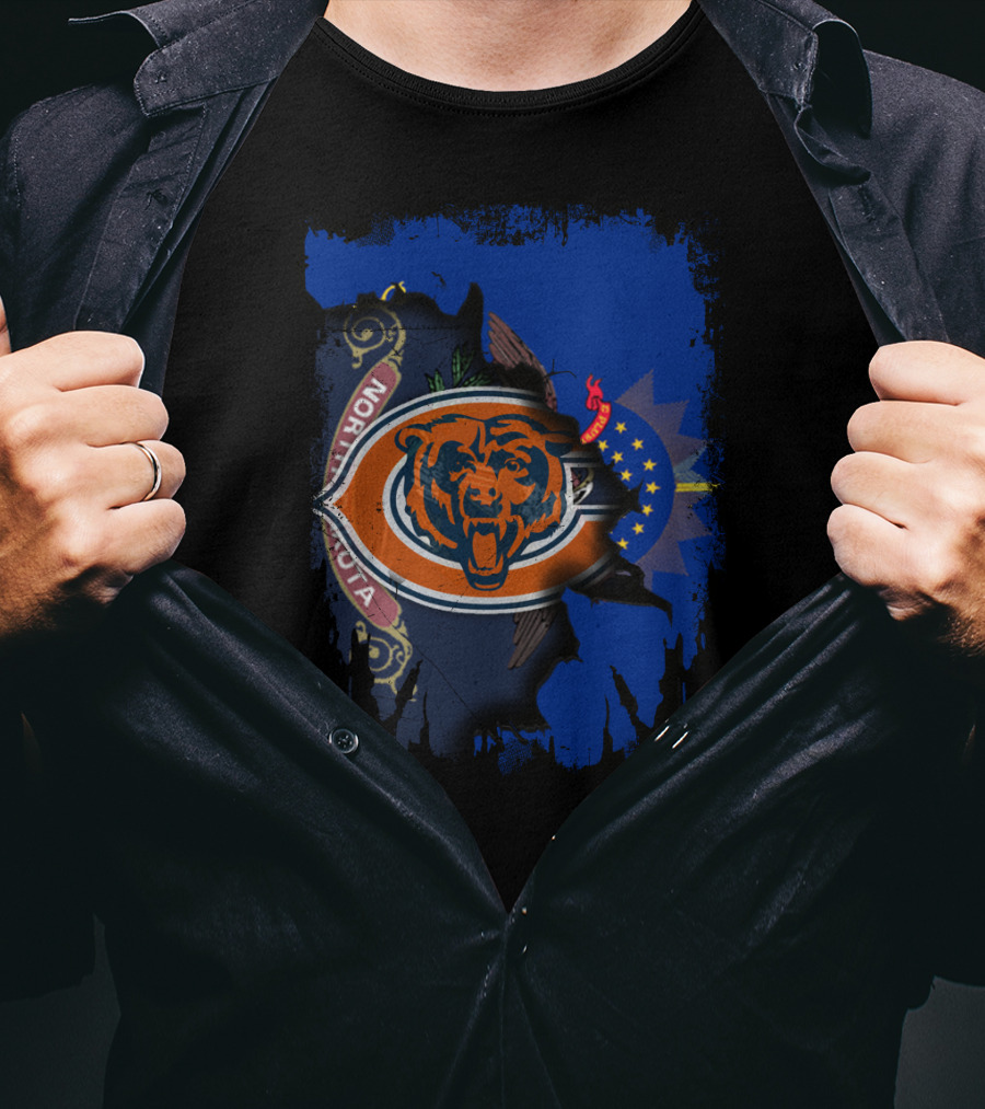 North Dakota Flag With Chicago Bears Logo Fusion T-Shirt