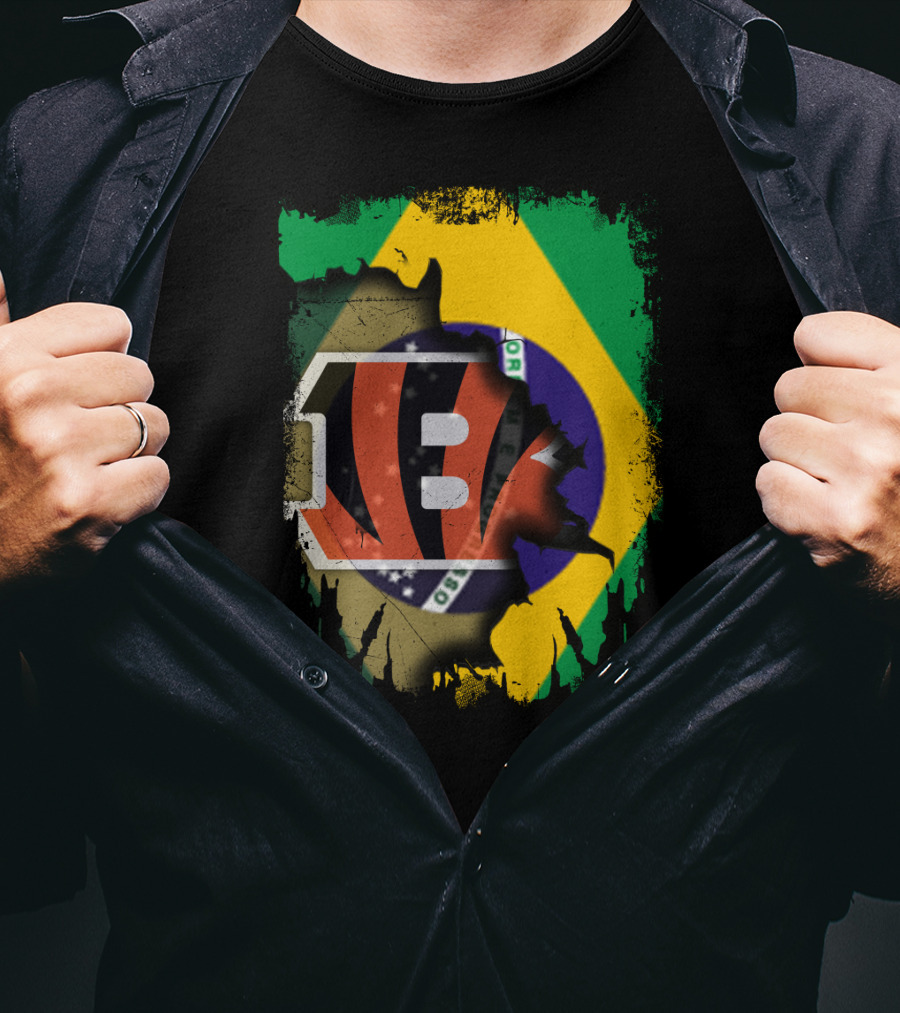Together Brazil With Cincinnati Bengals Emblem And Flag Fusion T-Shirt
