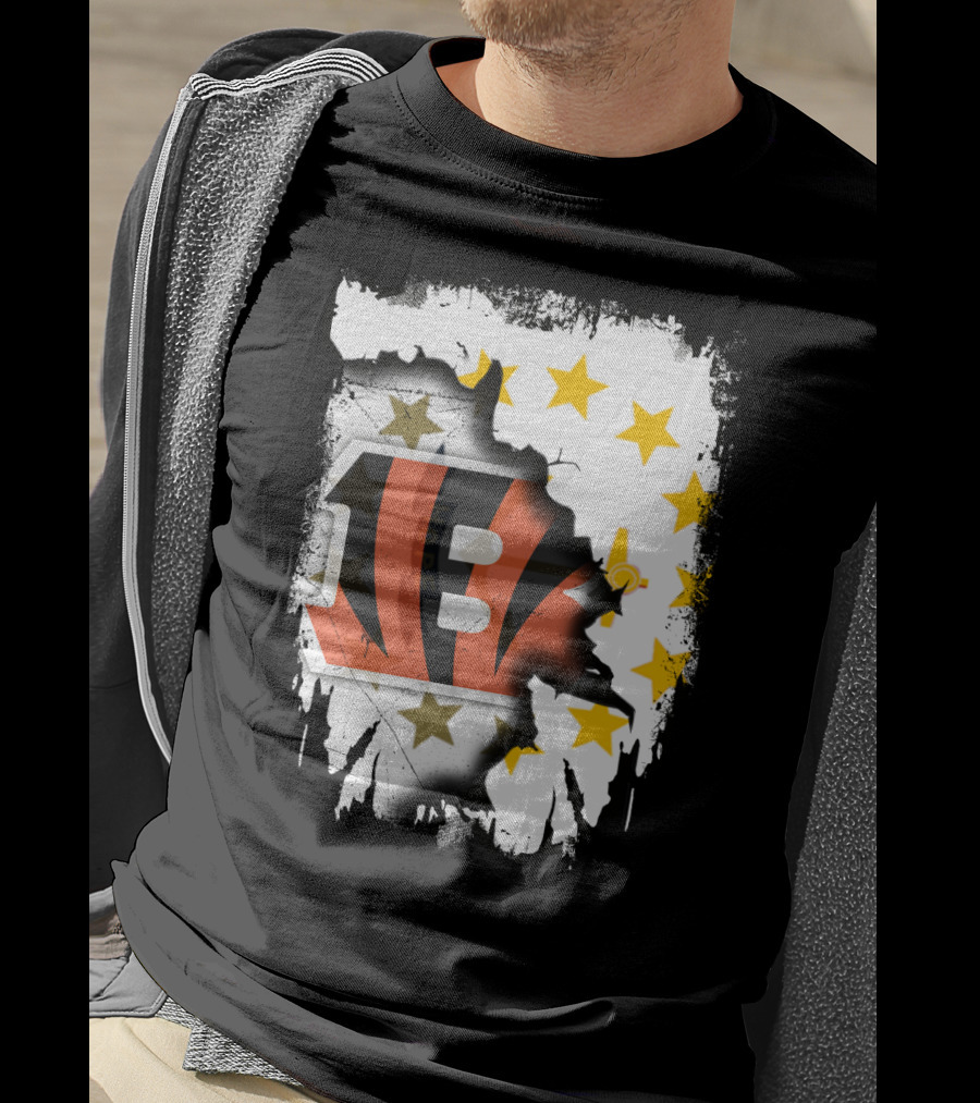 Rhode Island Map With Cincinnati Bengals Logo And Stars T-Shirt