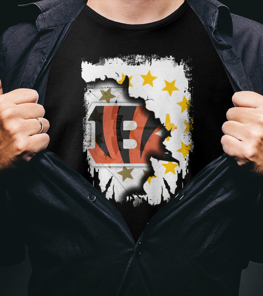 Rhode Island Map With Cincinnati Bengals Logo And Stars T-Shirt