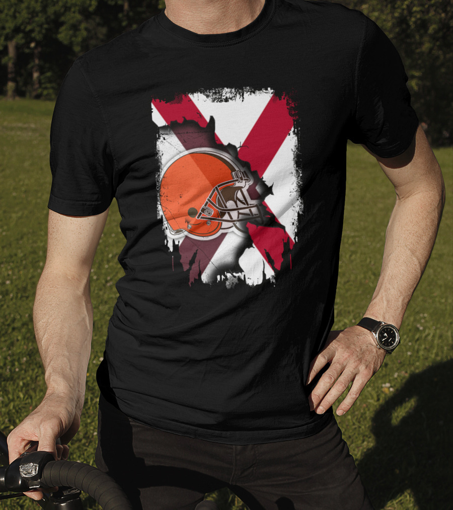 Alabama Browns Helmet Crossover On Distressed Crimson And White Background T-Shirt