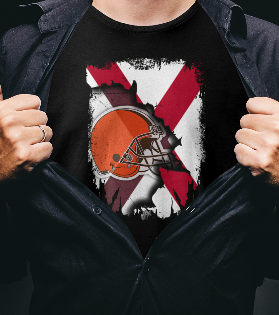 Alabama Browns Helmet Crossover On Distressed Crimson And White Background T-Shirt