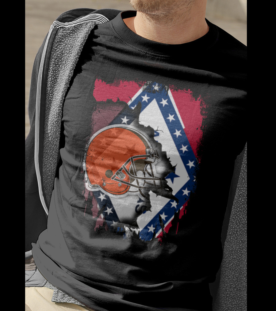 Together Arkansas Flag Tattered With Browns Helmet T-Shirt