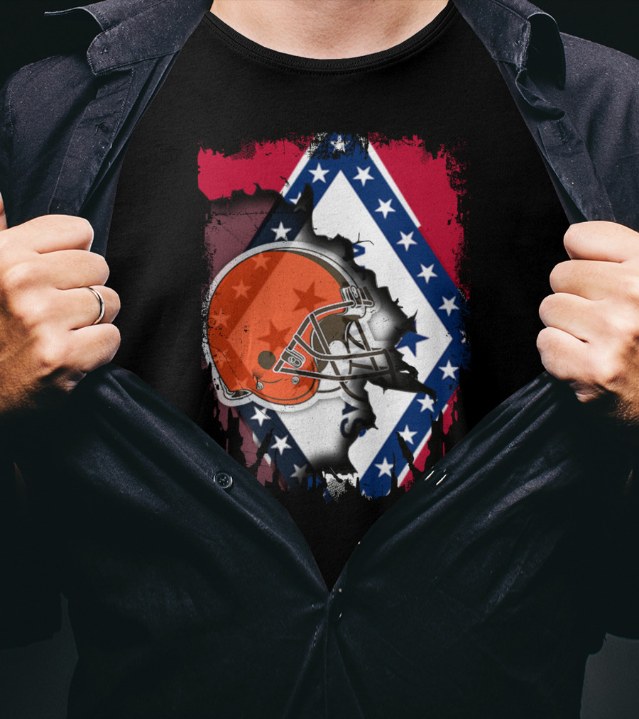Together Arkansas Flag Tattered With Browns Helmet T-Shirt