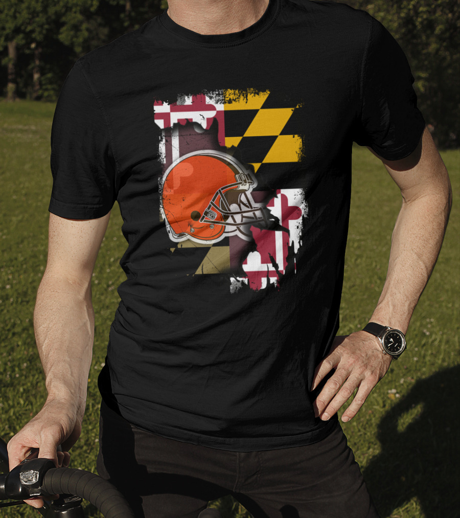 Maryland Flag With Cleveland Browns Helmet T-Shirt