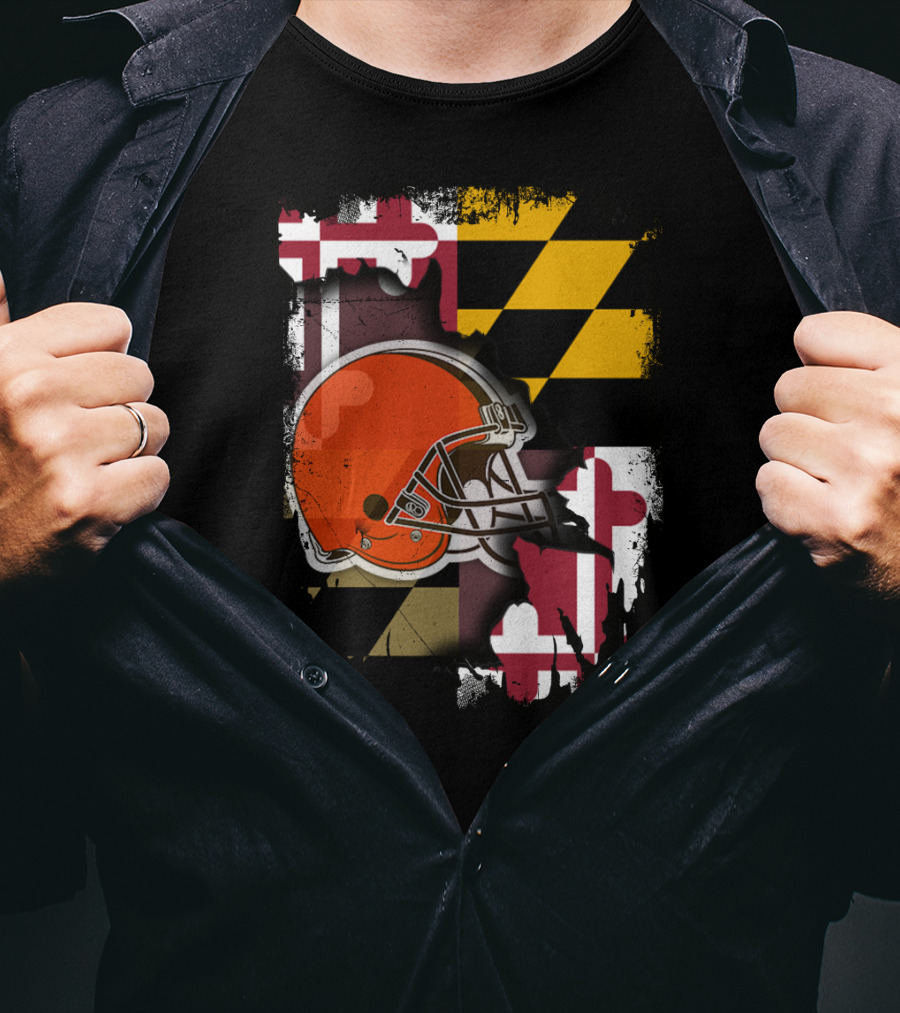 Maryland Flag With Cleveland Browns Helmet T-Shirt