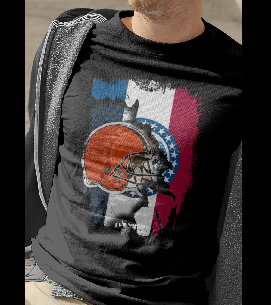 Cleveland Browns Helmet Over Missouri Flag Background T-Shirt
