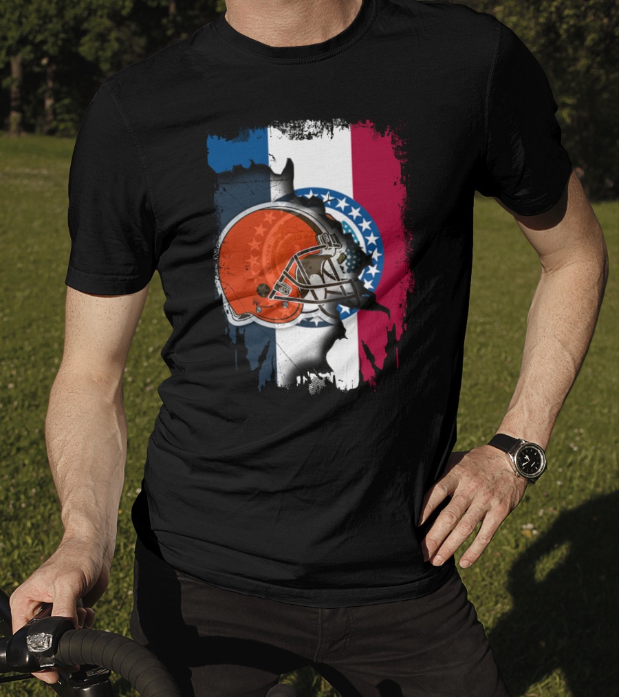 Cleveland Browns Helmet Over Missouri Flag Background T-Shirt