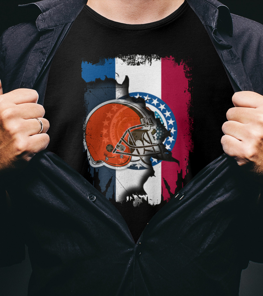 Cleveland Browns Helmet Over Missouri Flag Background T-Shirt