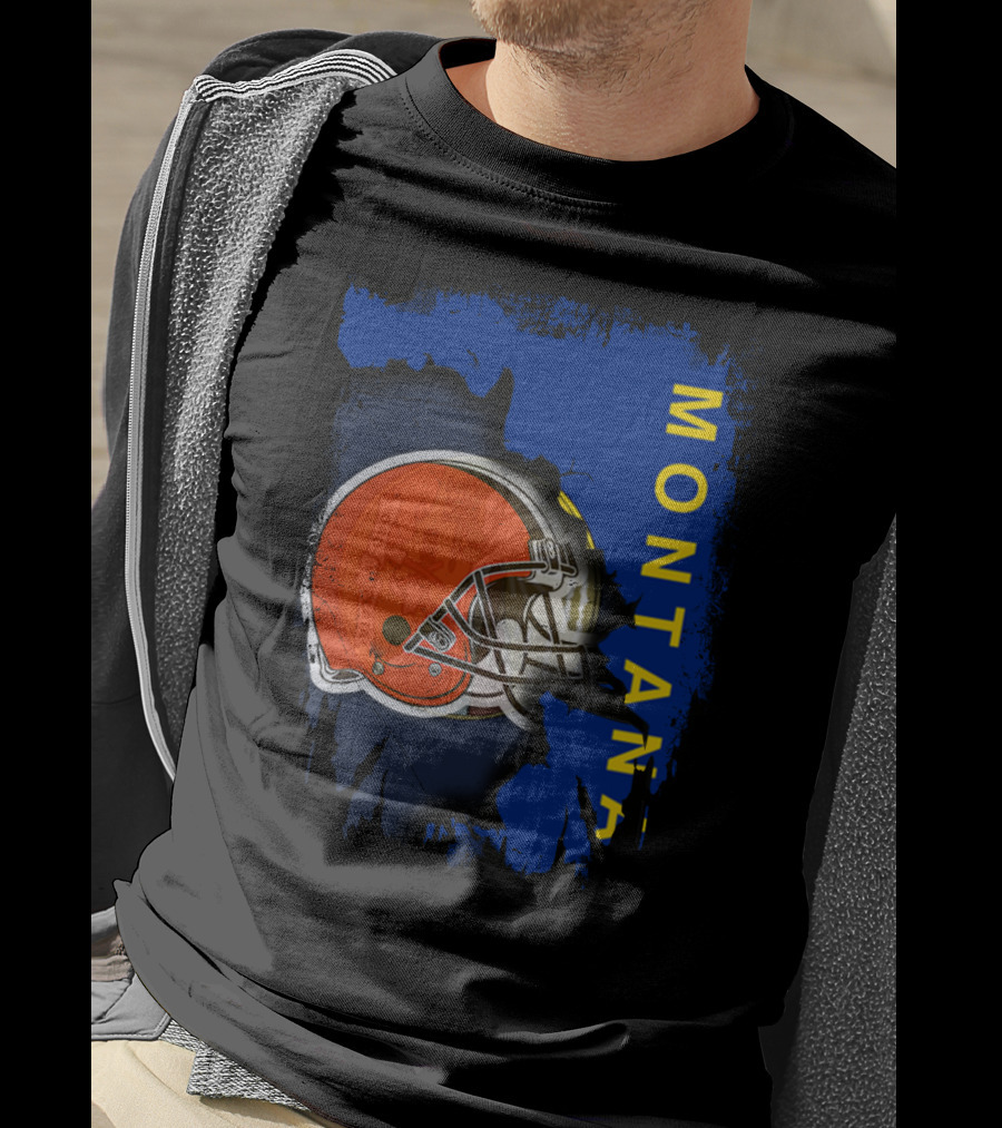 Montana Collaboration With Orange Football Helmet Browns Connection T-Shirt