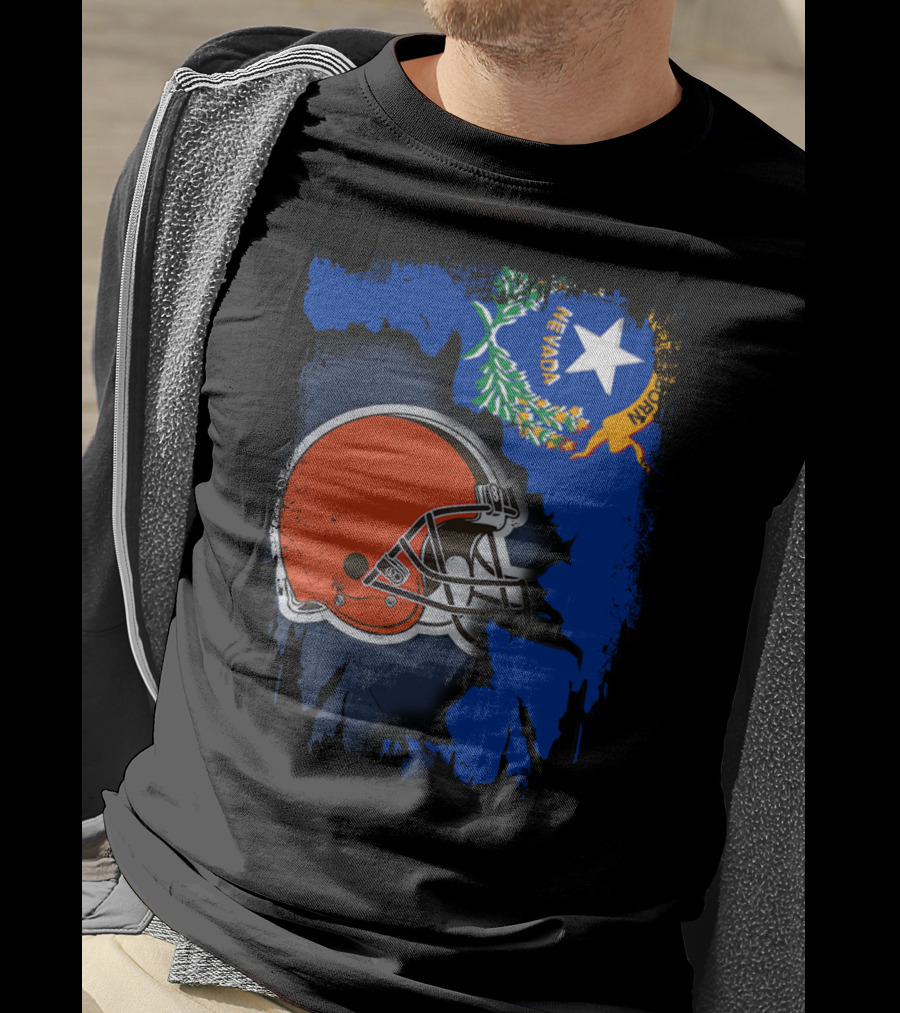 Nevada State Flag With Cleveland Browns Helmet Fusion T-Shirt