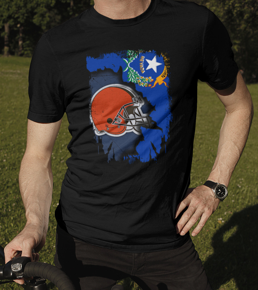 Nevada State Flag With Cleveland Browns Helmet Fusion T-Shirt