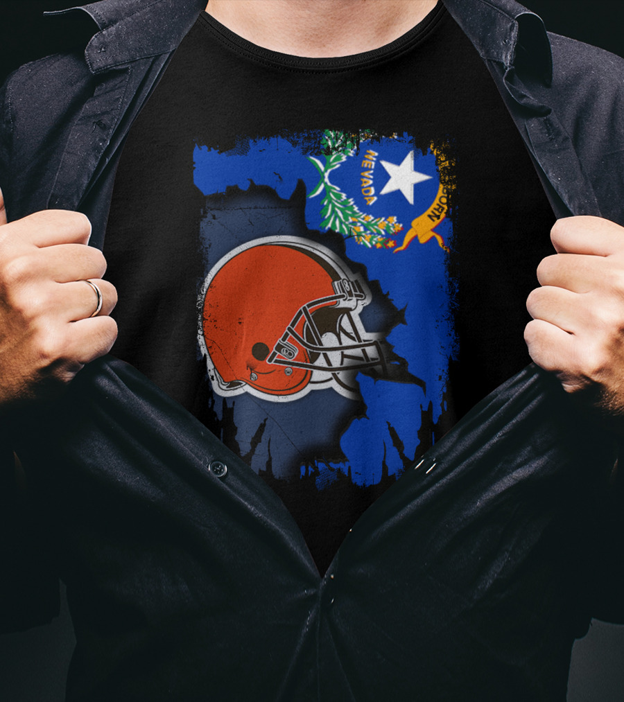 Nevada State Flag With Cleveland Browns Helmet Fusion T-Shirt