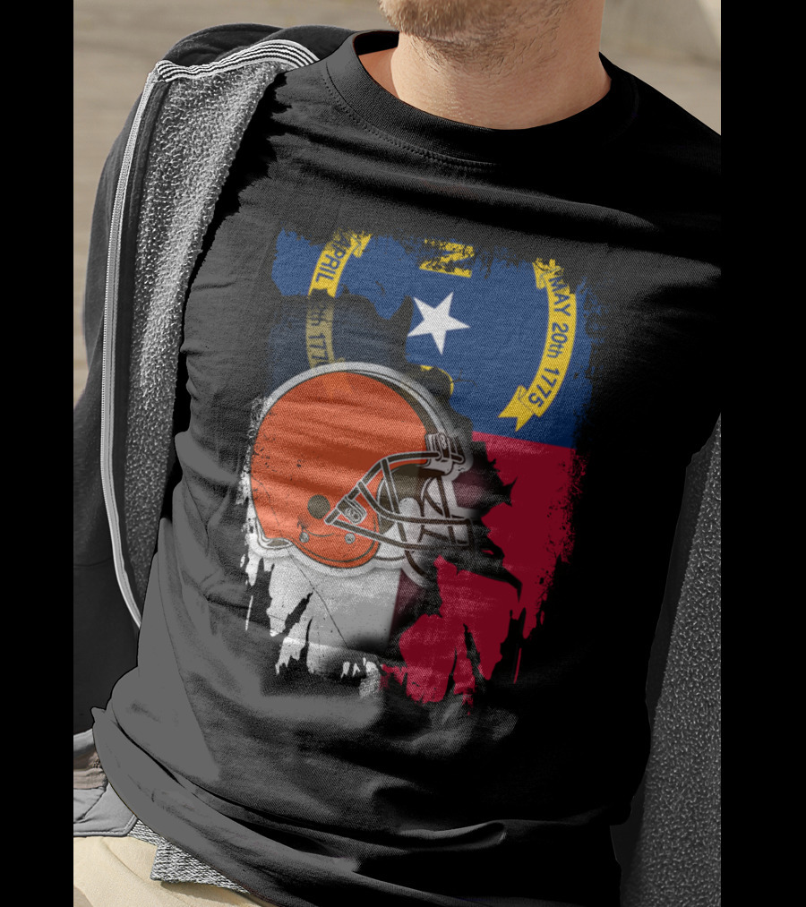North Carolina State Flag Blended With Cleveland Browns Helmet T-Shirt