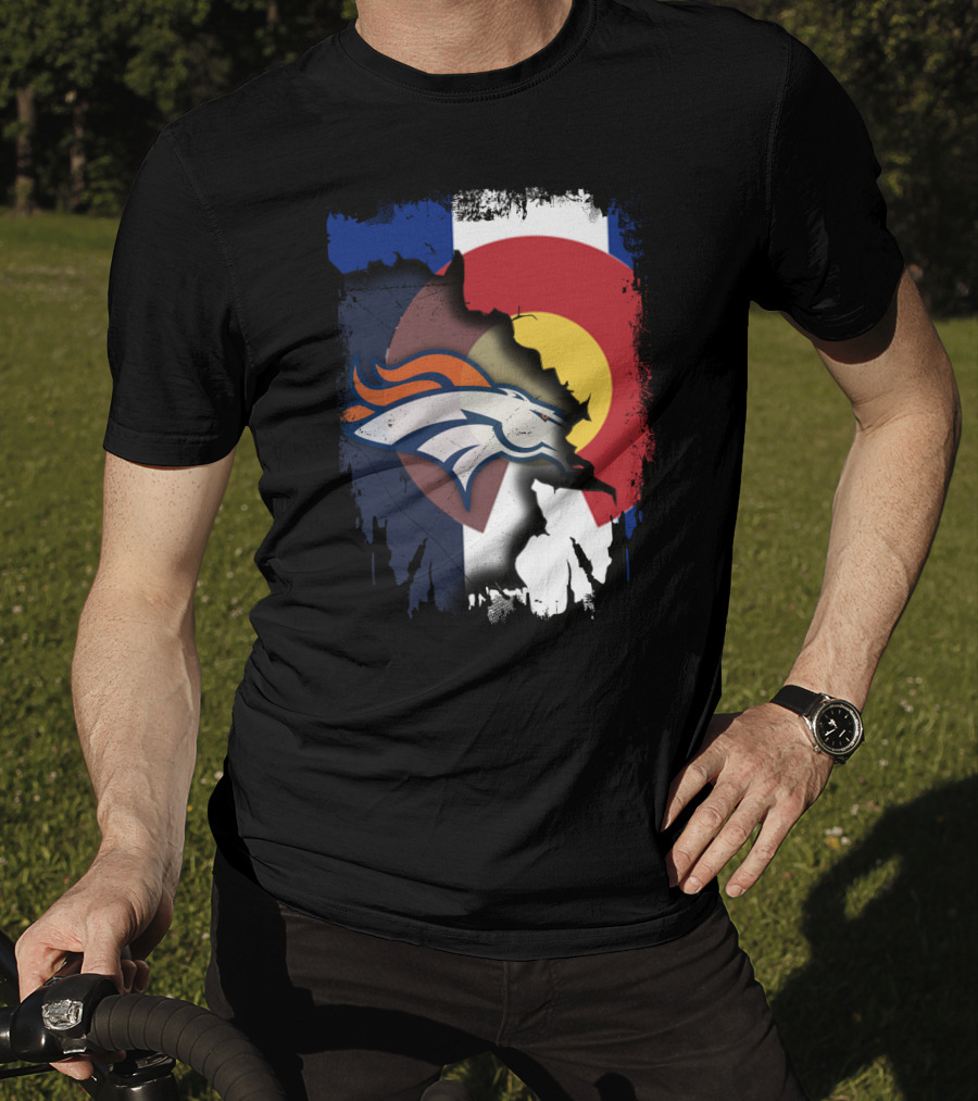 Colorado Flag With Broncos Logo Fusion T-Shirt