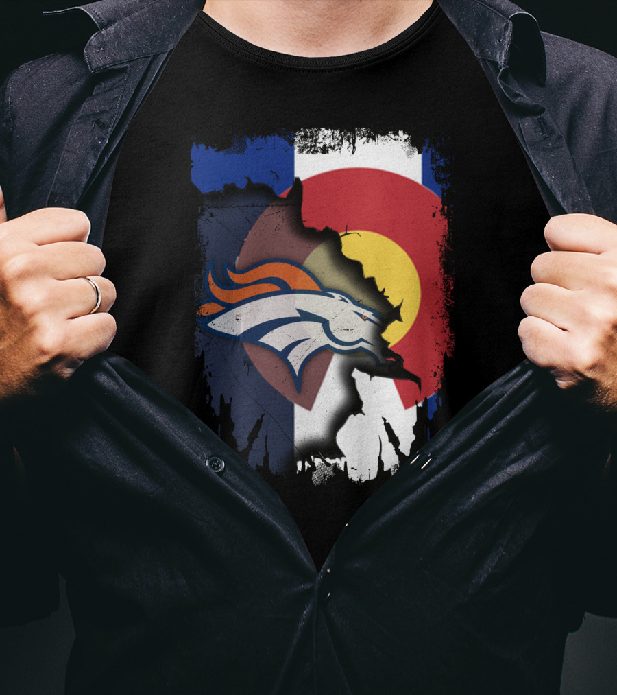 Colorado Flag With Broncos Logo Fusion T-Shirt