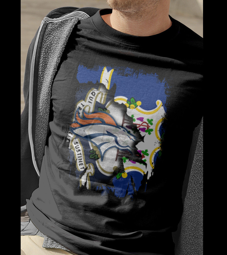 Connecticut And Broncos Logo Fusion With State Motto Motif T-Shirt