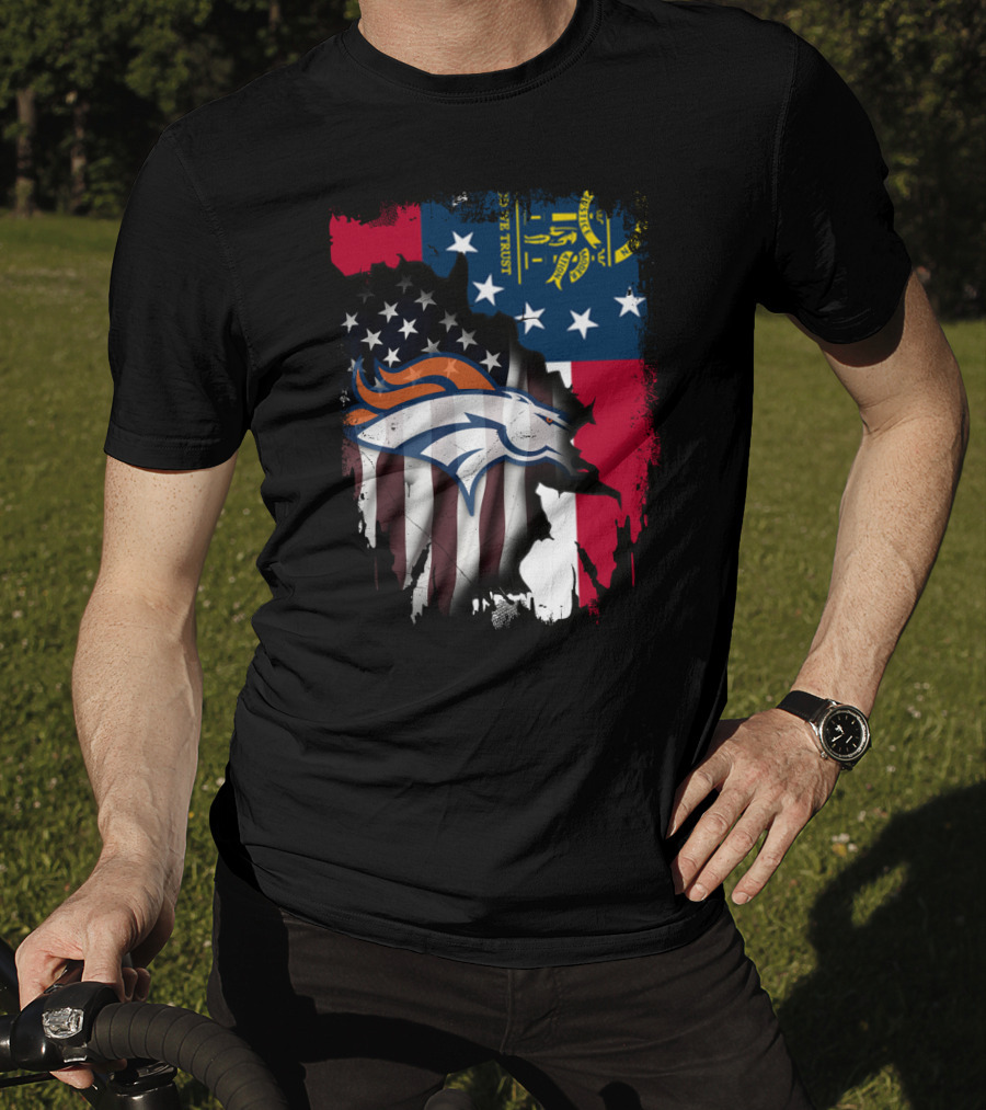 Georgia State With Denver Broncos Flag Fusion T-Shirt