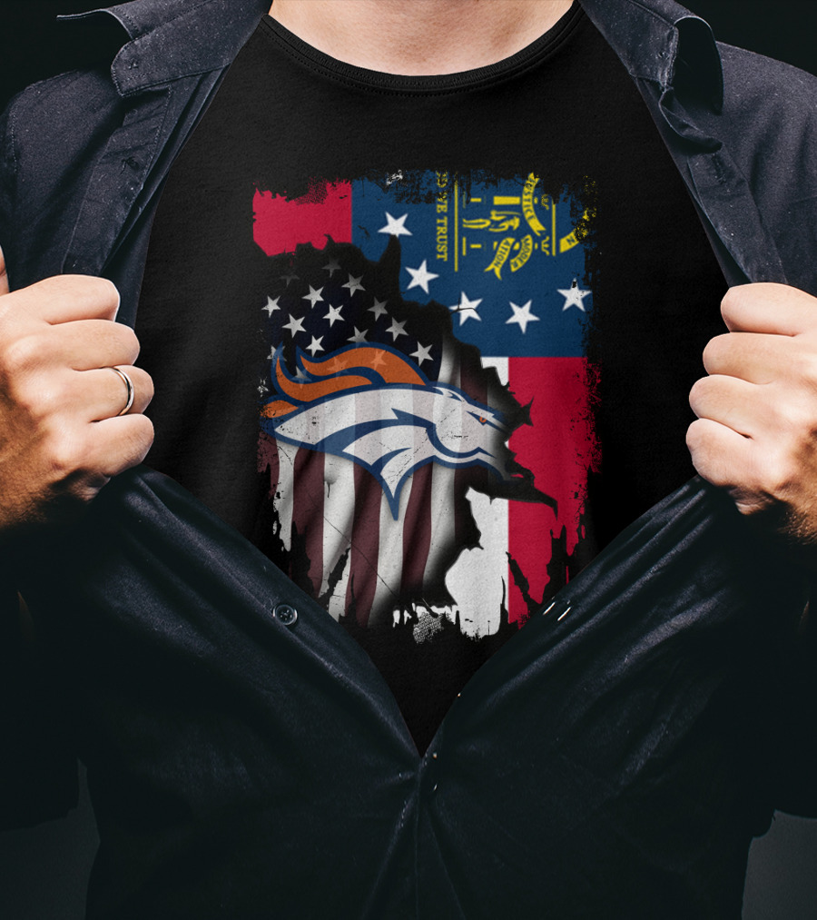 Georgia State With Denver Broncos Flag Fusion T-Shirt