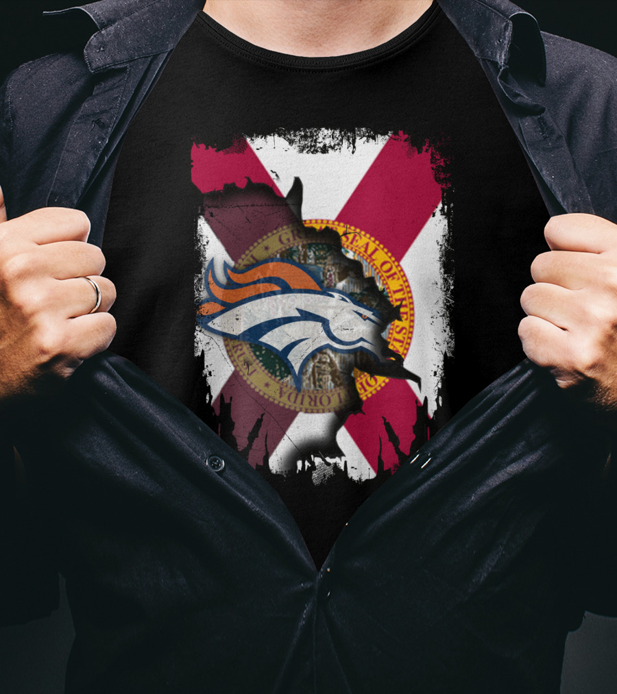 Together Florida With Broncos Logo And State Flag Emblem T-Shirt