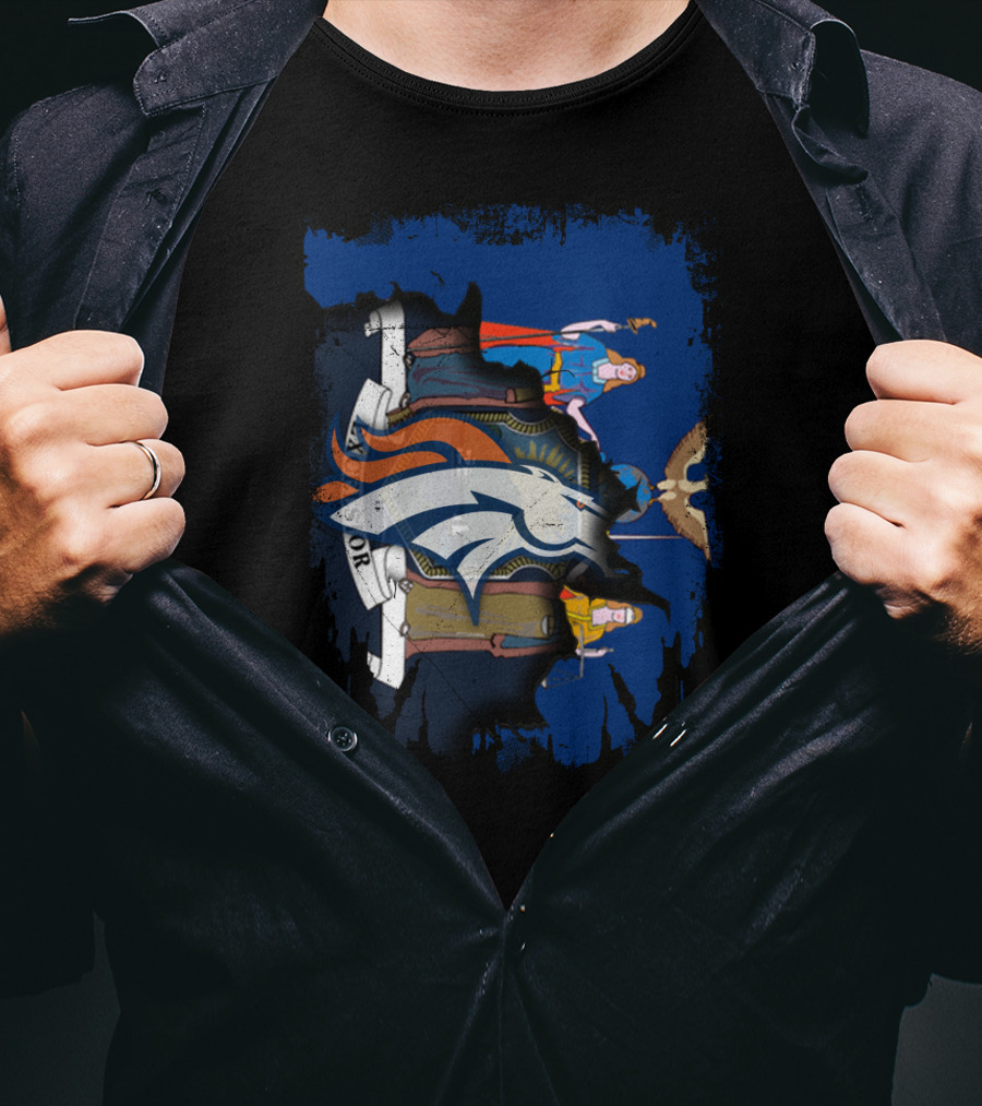 New York State Crest Overlaid With Broncos Logo Together T-Shirt