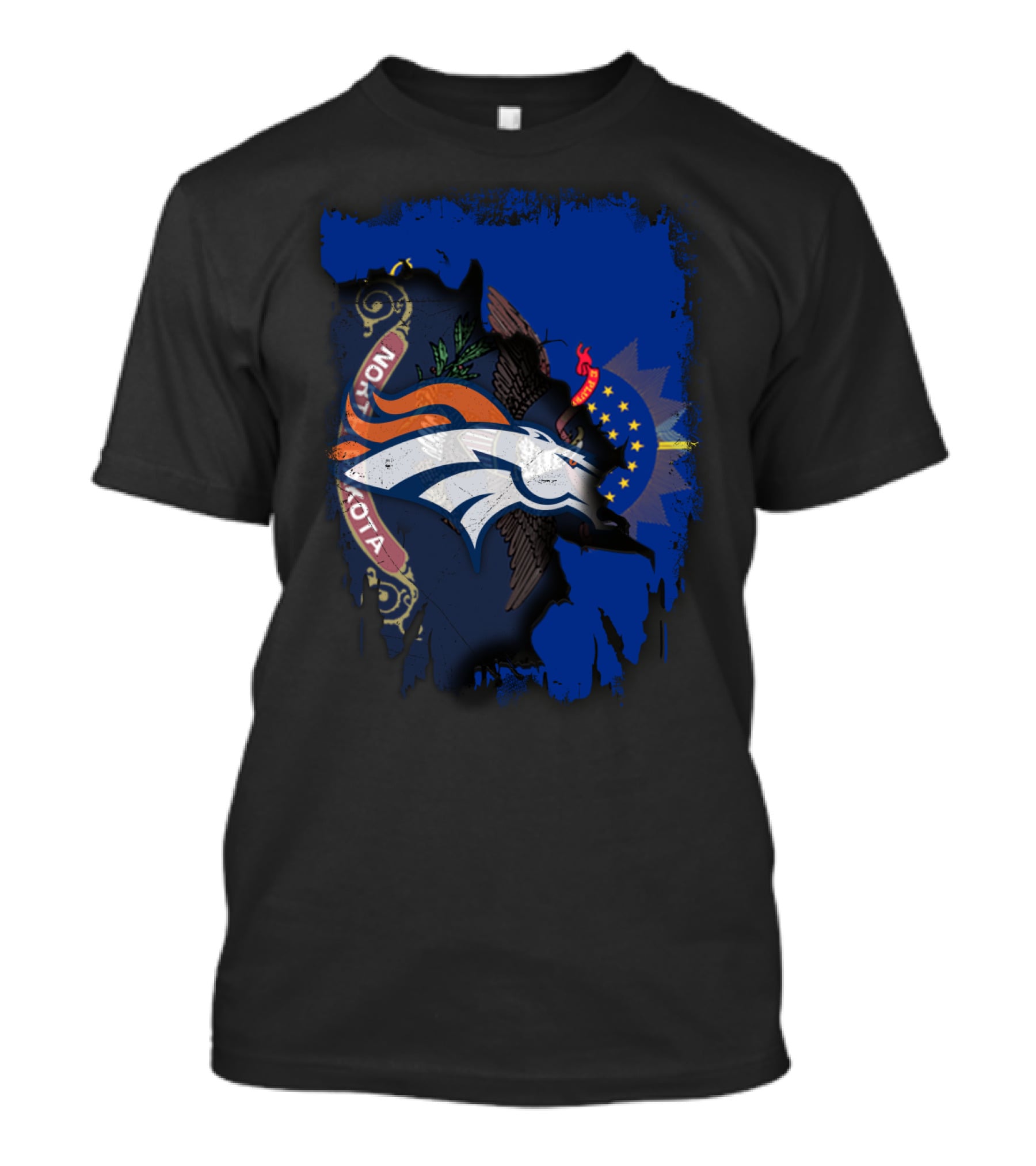 North Dakota State Flag Meets Denver Broncos Logo Fusion T-Shirt