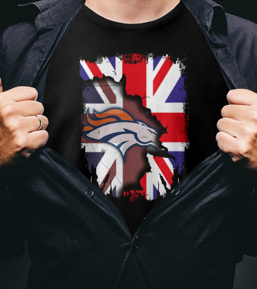United Kingdom Flag With Broncos Logo Fusion T-Shirt