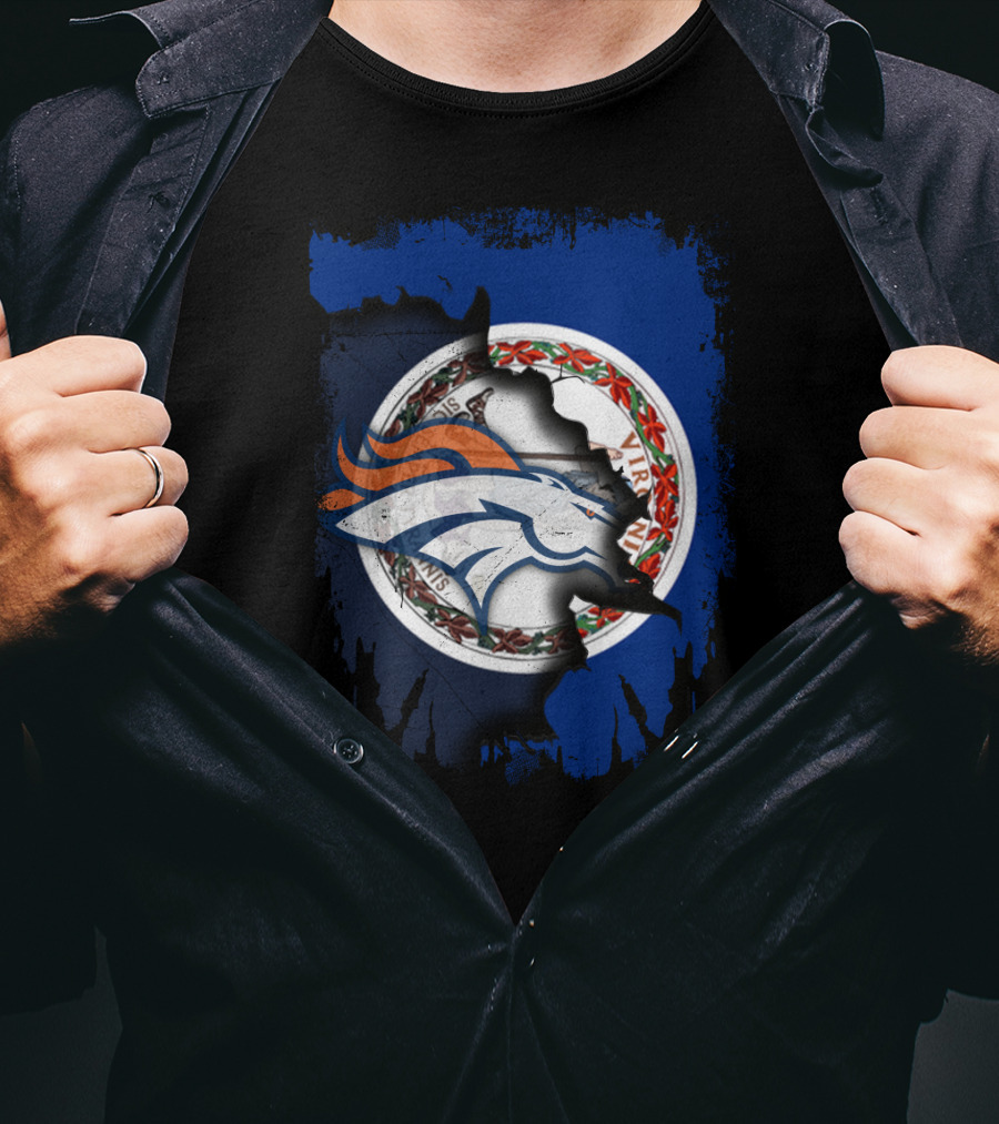Together Virginia With Broncos Logo Over State Flag T-Shirt