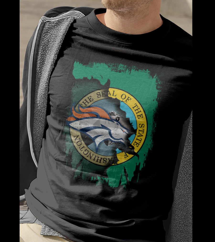 The Seal Of The State Of Washington With Broncos Logo Fusion T-Shirt
