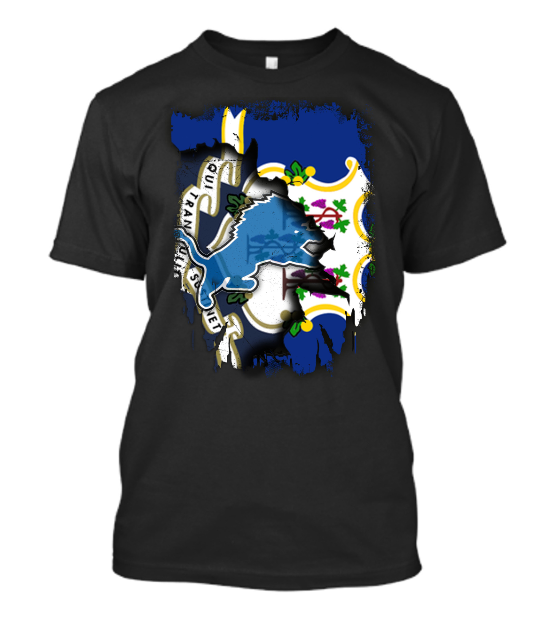 Connecticut State Flag With Detroit Lions Logo Fusion T-Shirt