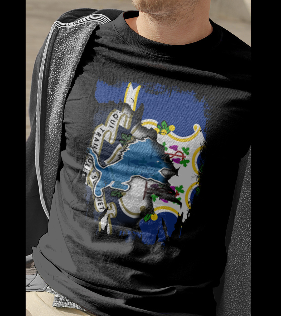 Connecticut State Flag With Detroit Lions Logo Fusion T-Shirt