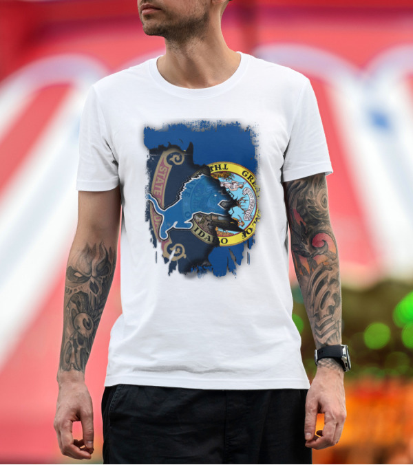 Premium T-Shirt: Idaho State Seal with Detroit Lions Collaboration T-Shirt Idaho State Seal with Detroit Lions Collaboration T-Shirt