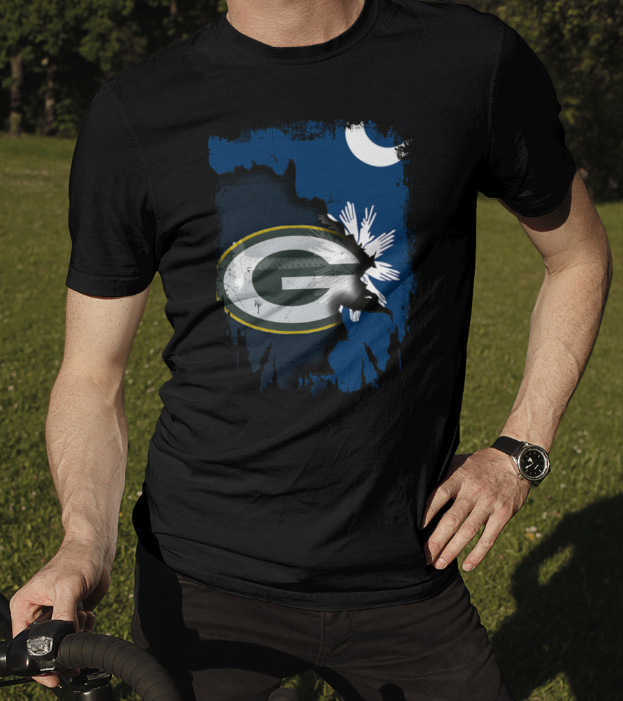 South Carolina And Packers Logo Blend With Crescent Moon And Palmetto Tree T-Shirt