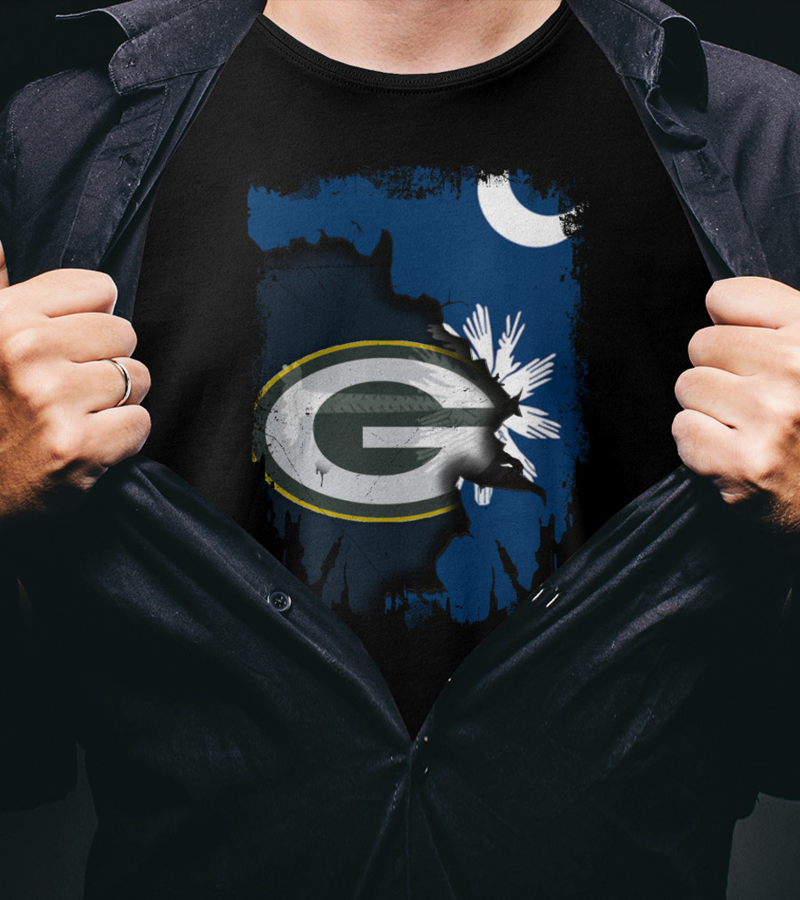 South Carolina And Packers Logo Blend With Crescent Moon And Palmetto Tree T-Shirt