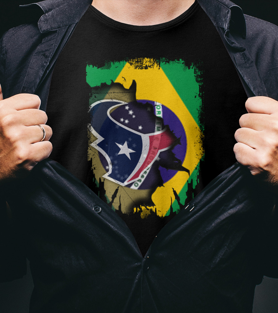 Brazilian Flag And Texans Logo Integration: Together Brazil With Texans T-Shirt