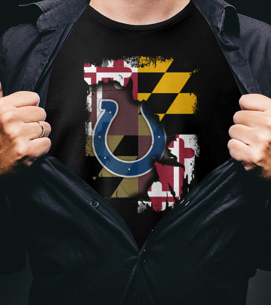 Maryland Flag With Colts Horseshoe NFL T-Shirt