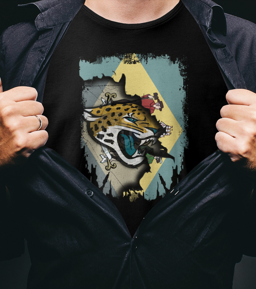 Delaware State Flag With Jacksonville Jaguars Logo Fusion T-Shirt