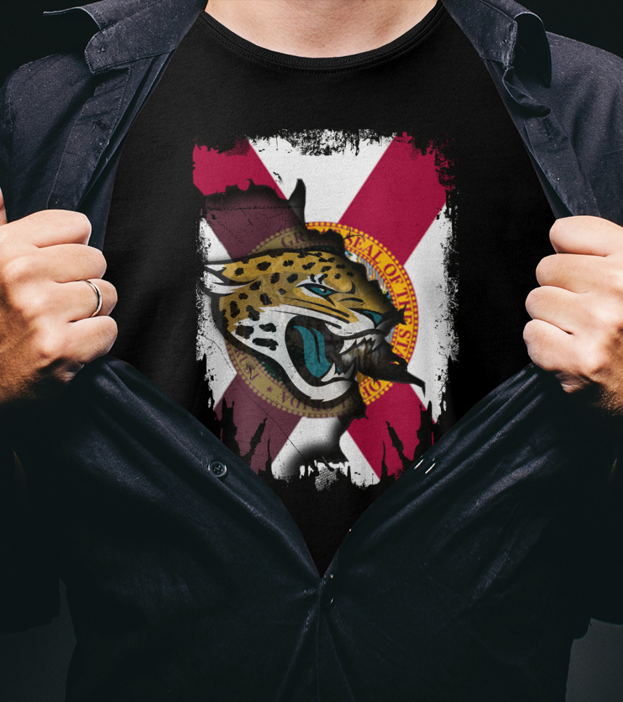 Florida State Flag With Jaguars Roaring Emblem Together T-Shirt