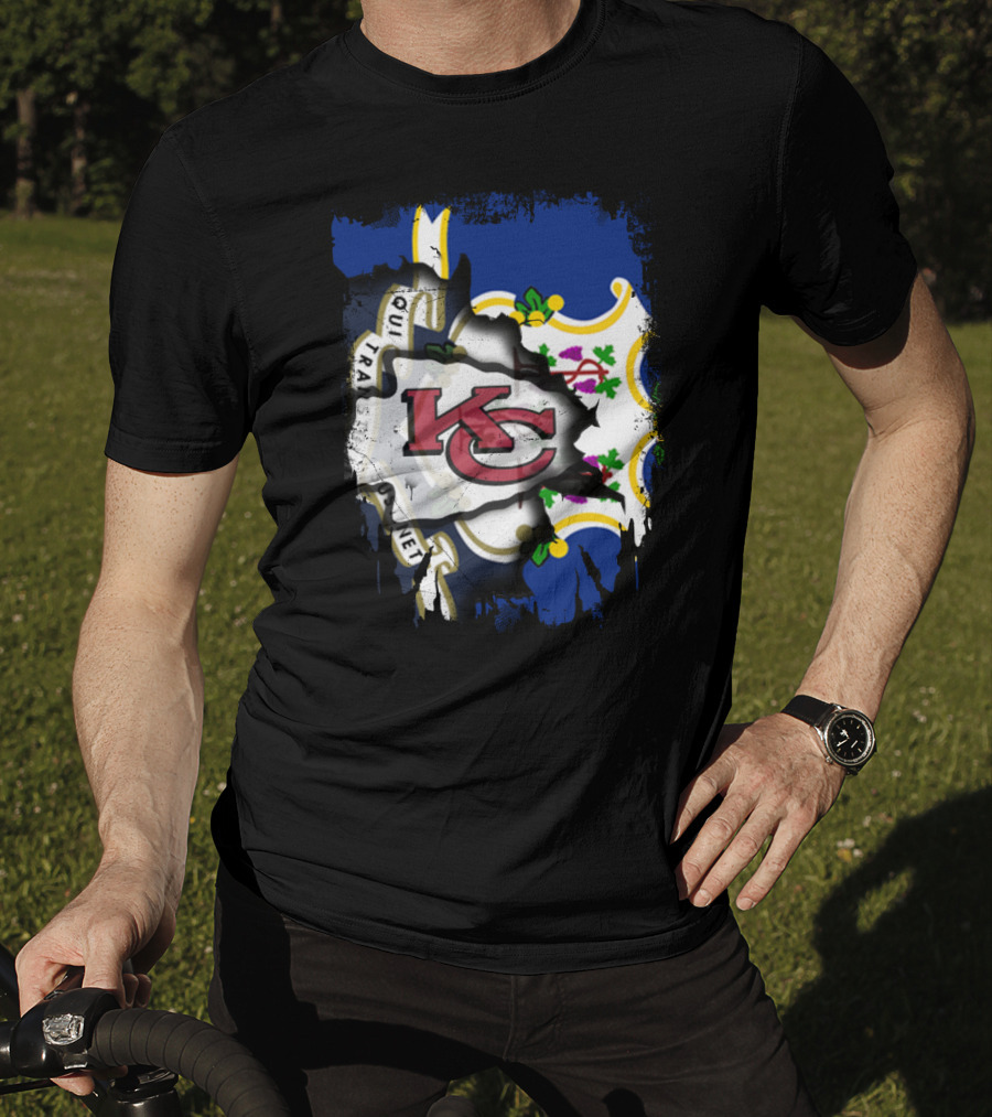 Connecticut State Flag With Kansas City Chiefs Logo Fusion T-Shirt