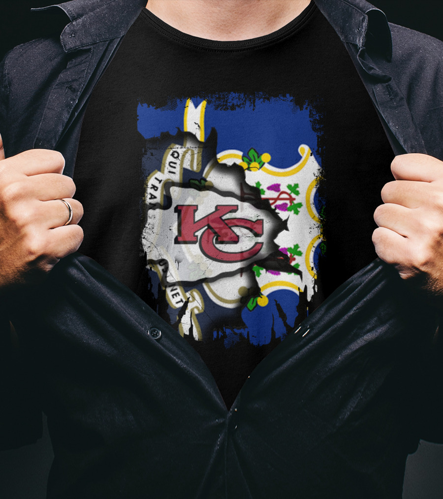 Connecticut State Flag With Kansas City Chiefs Logo Fusion T-Shirt