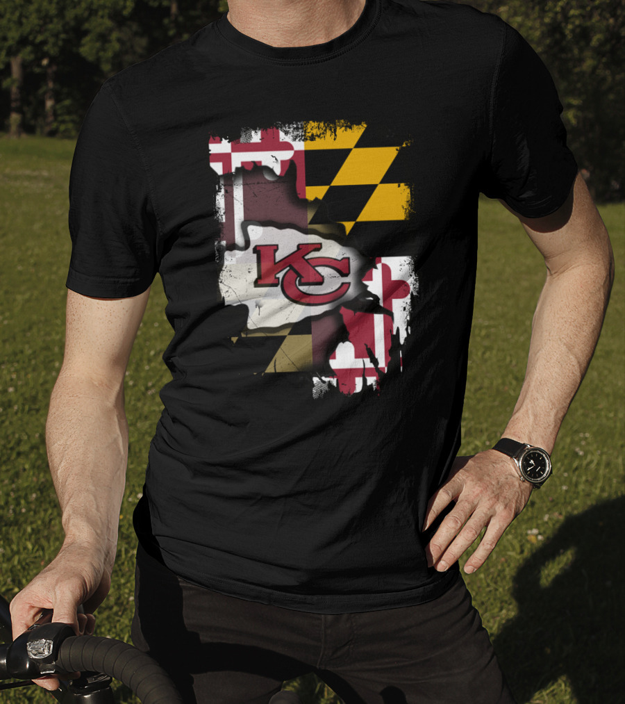 Maryland Flag With KC Chiefs Logo Background T-Shirt
