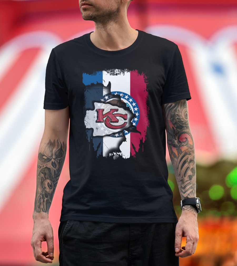 KC Chiefs Logo On Torn Missouri Flag Design Together T-Shirt