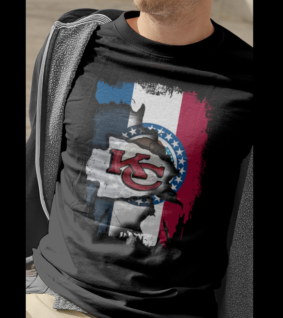 KC Chiefs Logo On Torn Missouri Flag Design Together T-Shirt