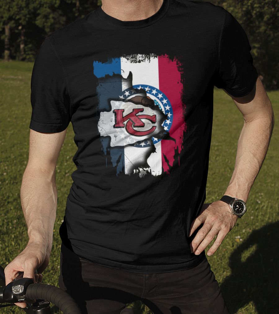 KC Chiefs Logo On Torn Missouri Flag Design Together T-Shirt