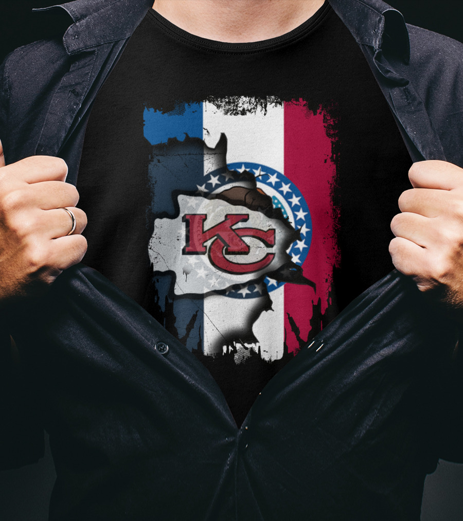 KC Chiefs Logo On Torn Missouri Flag Design Together T-Shirt