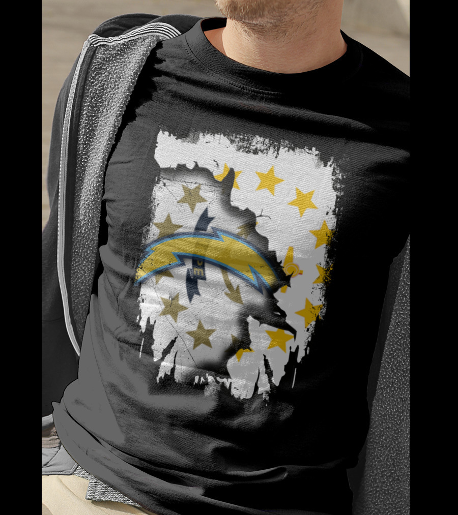 Rhode Island Map With Chargers Logo And Stars T-Shirt