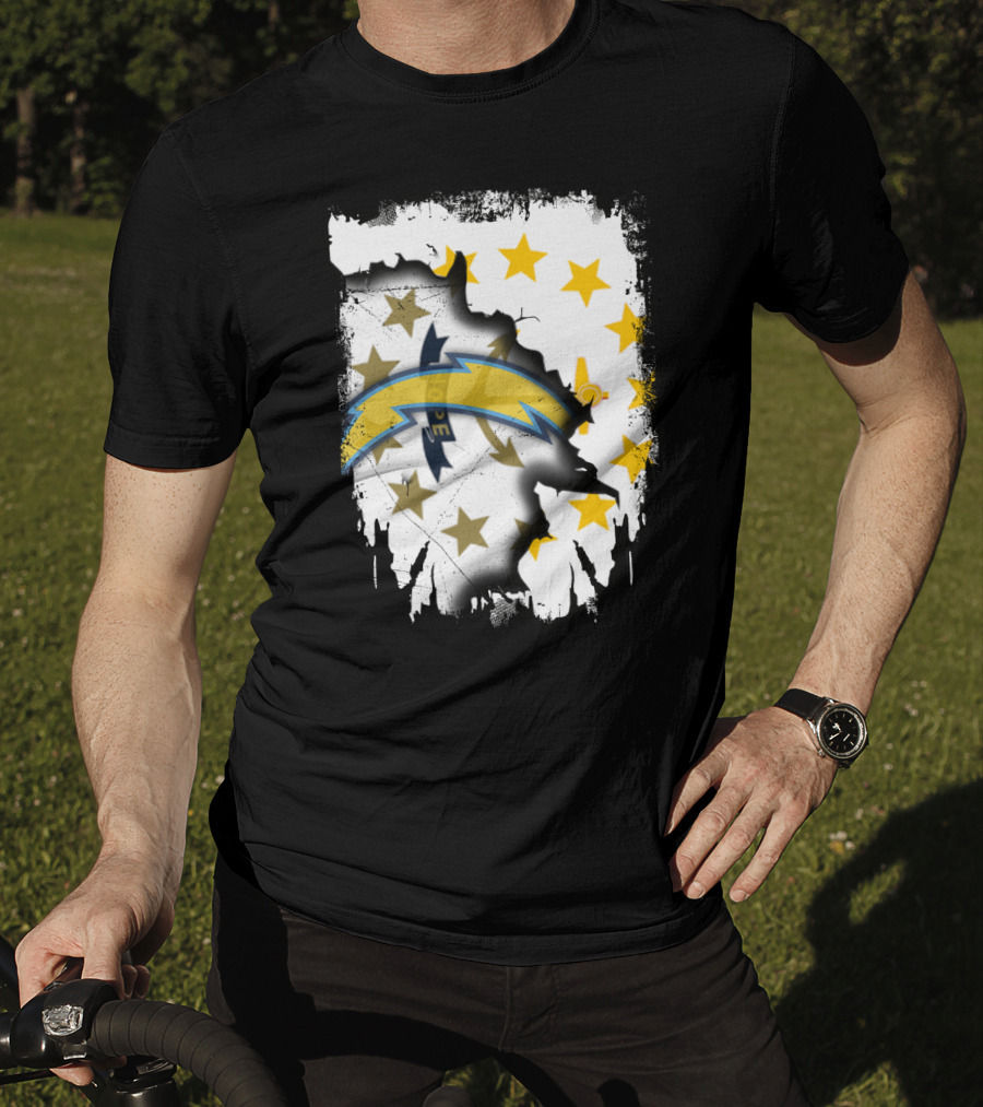 Rhode Island Map With Chargers Logo And Stars T-Shirt